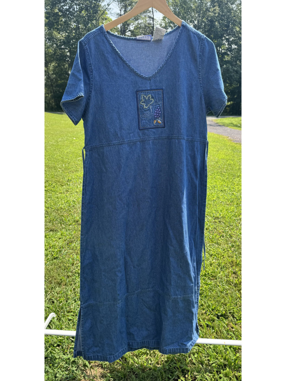 Erika & Co Vintage Denim Maxi Dress with Embroidered Patch